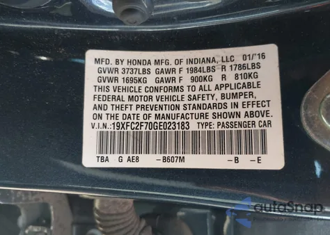 2016 Honda Civic Ex из США, поврежденный, VIN 19XFC2F70GE023183